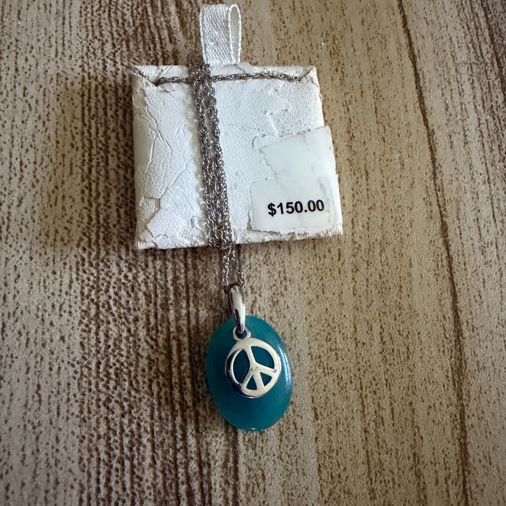 Silver Peace Sign Teal Pendant Necklace